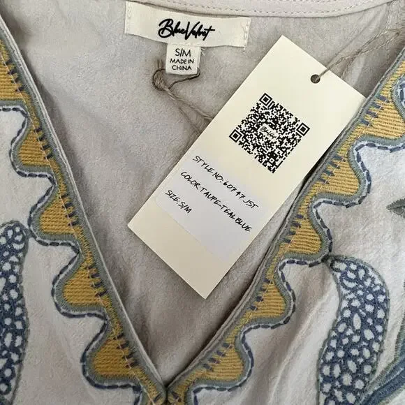 NEW Blue Velvet Embroidered Boho Babydoll Dress Women Size S/M Floral Beach - Picture 9 of 9